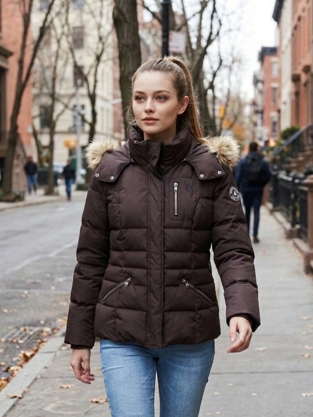 Abercrombie & Fitch Brown Down Puffer Faux Fur Hooded Jacket Coat Size Large